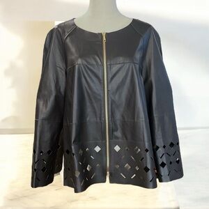 Lafayette Black Lazer Cut Leather Front Zipper Jacket Size L.